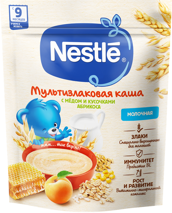 Каша мультизлаковая NESTLE молочная, с медом и абрикосом, с 9 месяцев, 200г