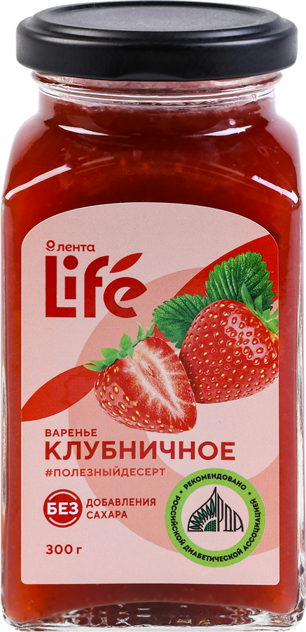 Варенье ЛЕНТА LIFE Клубничное, без сахара, 300г