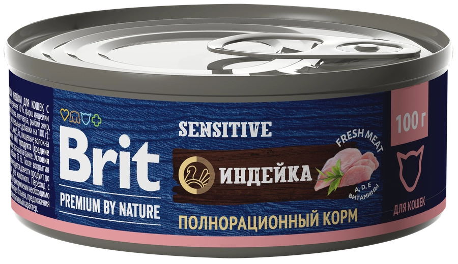 Корм консервированный для взрослых кошек BRIT Premium by Nature с мясом индейки, при чувствительном пищеварении, 100г