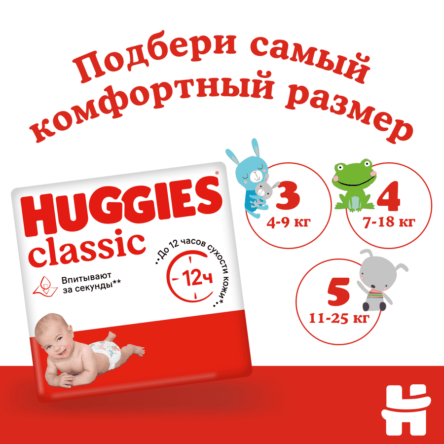 Подгузники HUGGIES Classic 4 7–18кг, 68шт, превью