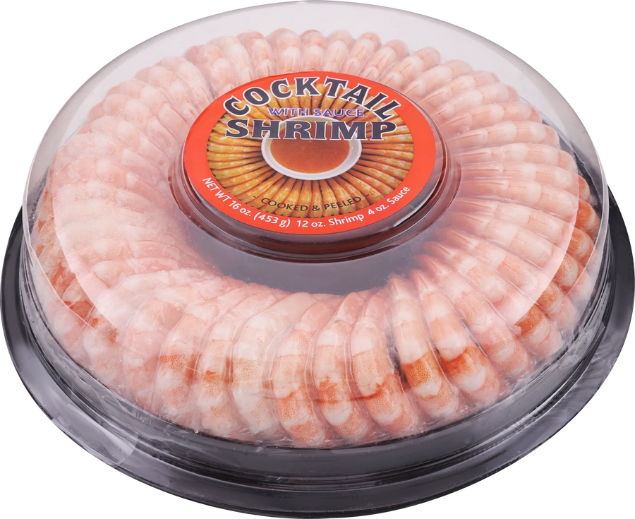 Креветки варено-мороженые COCKTAIL SHRIMP с соусом, очищенные с 
хвостиком 51/60, 453г