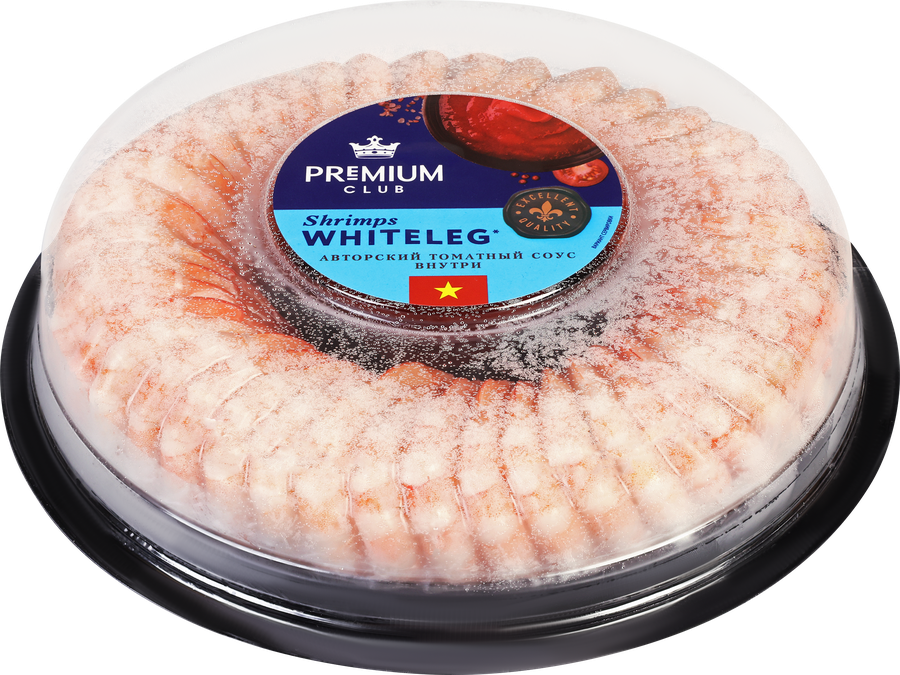 Креветки варено-мороженые COCKTAIL SHRIMP с соусом, очищенные с 
хвостиком 51/60, 453г