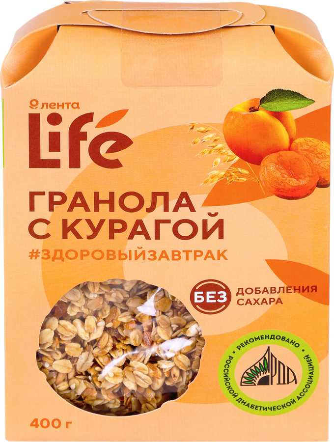 Гранола ЛЕНТА LIFE с курагой, без сахара, 400г
