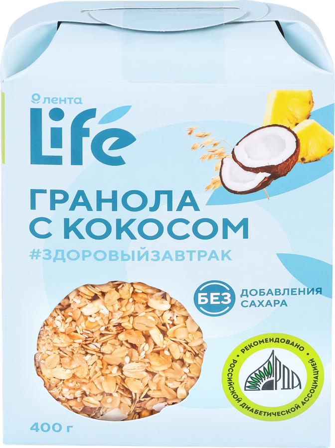 Гранола ЛЕНТА LIFE с кокосом, без сахара, 400г