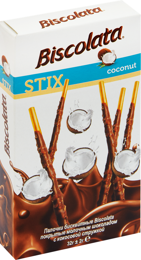 Палочки бисквитные SOLEN Biscolata stix coconut, молочный шоколад, с кокосовой стружкой, 32г, превью