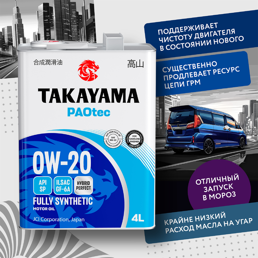 Масло моторное TAKAYAMA синтетическое SAE 0W-20, ILSAC GF-5, API SN, Арт. 605554, 4л, предпросмотр