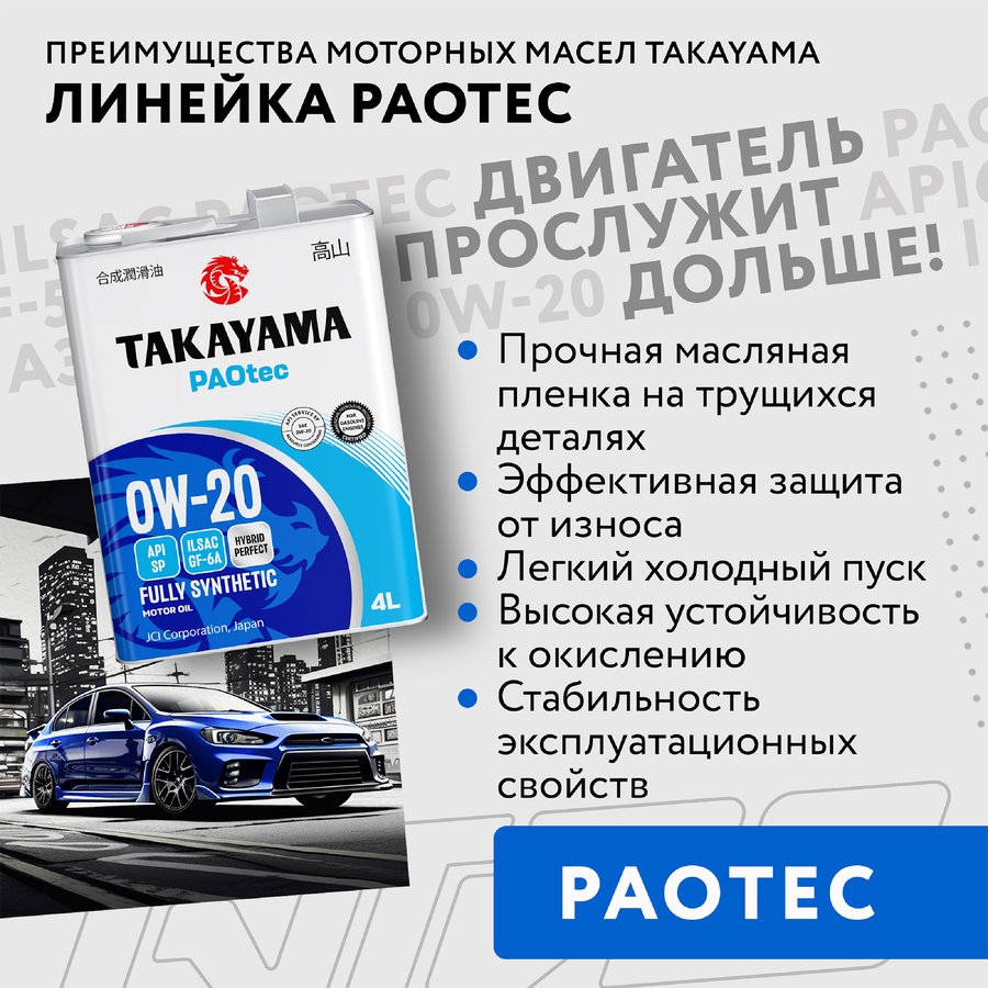 Масло моторное TAKAYAMA синтетическое SAE 0W-20, ILSAC GF-5, API SN, Арт. 605554, 4л, превью