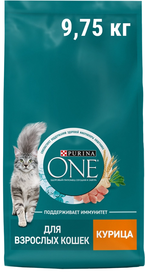 Корм сухой для взрослых кошек PURINA ONE Adult с курицей и цельными 
злаками, 9,75кг