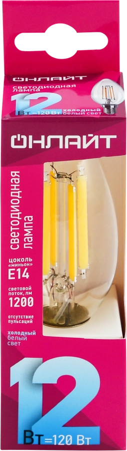 Лампа светодиодная ОНЛАЙТ LED 12Вт, 4000К, Е14, свеча, филамент Арт. 80897