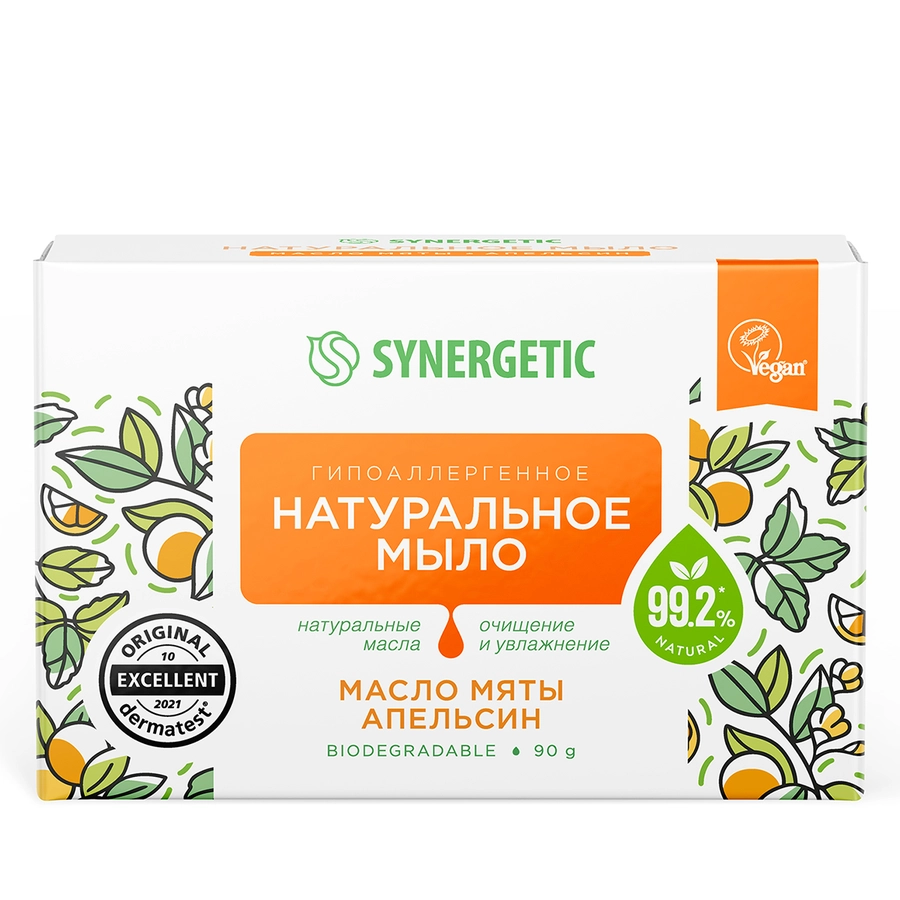 Мыло туалетное SYNERGETIC Масло мяты и апельсин, 90г