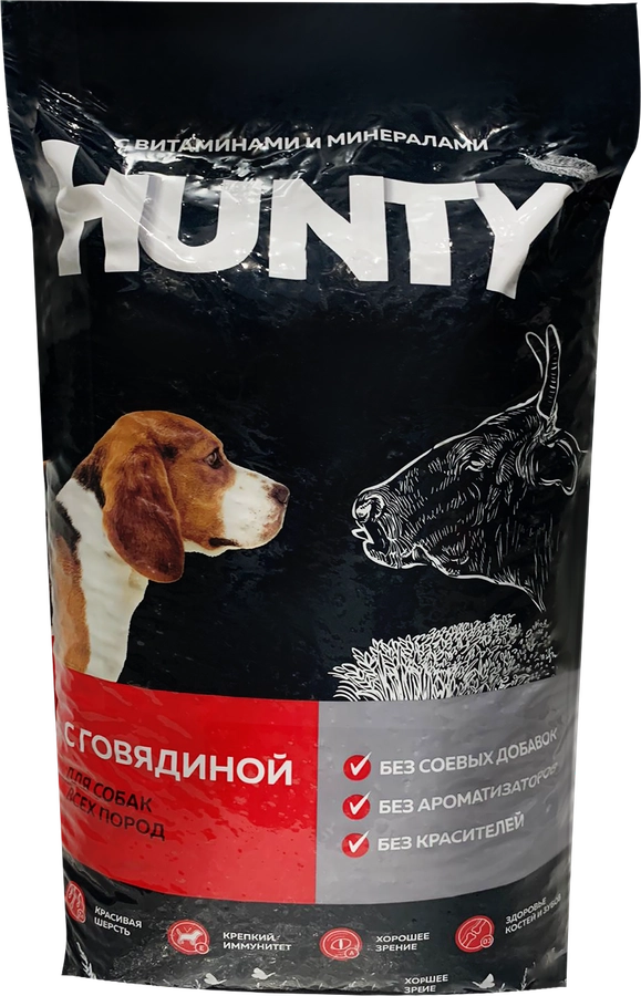 Корм сухой для взрослых собак HUNTY с говядиной, для всех пород, 10кг