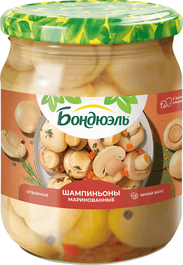 Шампиньоны маринованные БОНДЮЭЛЬ целые, без уксуса, 500мл