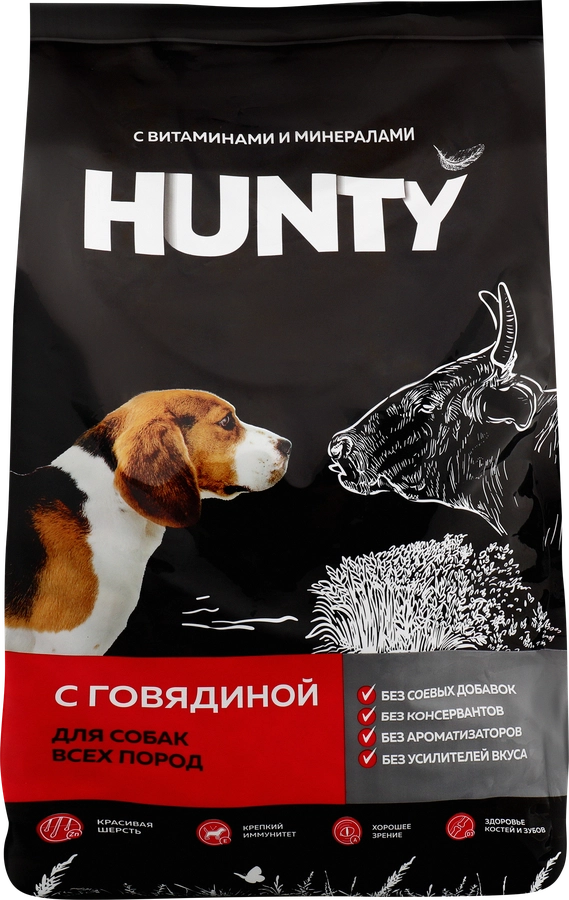 Корм сухой для взрослых собак HUNTY с говядиной, для всех пород, 2,2кг