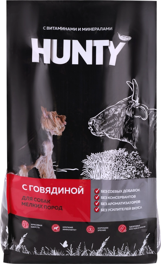 Корм сухой для взрослых собак HUNTY с говядиной, для мелких пород, 2,2кг