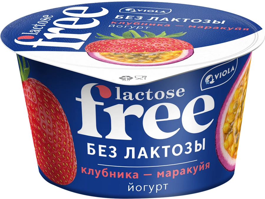 Йогурт VIOLA FREE безлактозный с наполнителем Клубника, маракуйя 2,7%, без змж, 180г