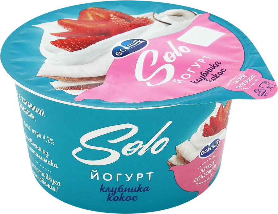 Йогурт SOLO Клубника и кокос 4,2%, без змж, 130г