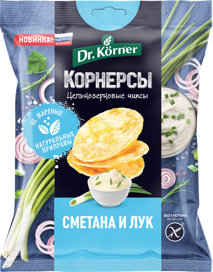 Чипсы рисово-кукурузные DR. KORNER цельнозерновые, со сметаной и зеленым луком, 50г