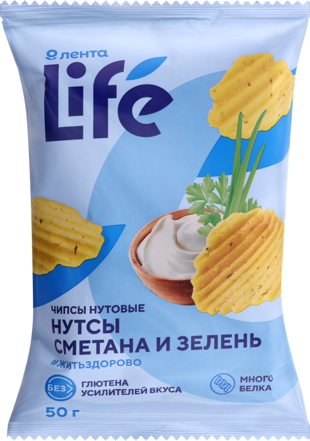 Чипсы нутовые ЛЕНТА LIFE Сметана и зелень, 50г