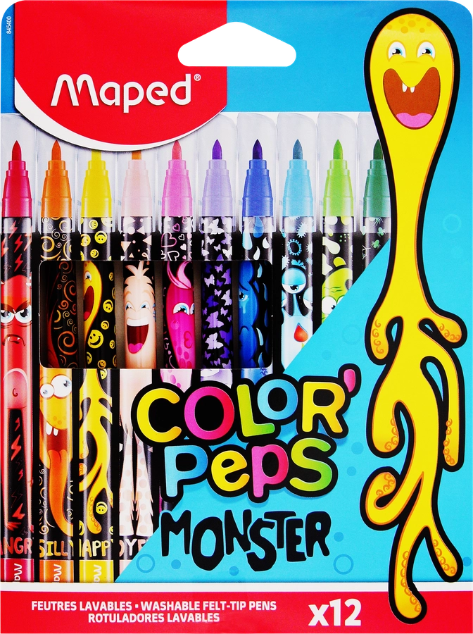 Фломастеры MAPED Color'Peps Monster смываемые, 12 цветов, Арт. 845400