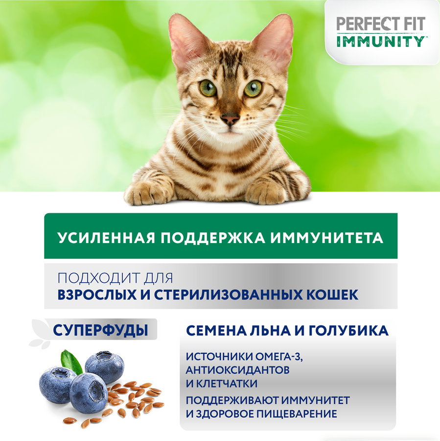Корм сухой для кошек PERFECT FIT Immunity Говядина, семяна льна, голубика, 580г, предпросмотр