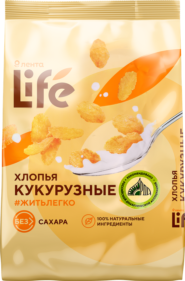 Готовый завтрак ЛЕНТА LIFE Хлопья кукурузные, без сахара, 350г