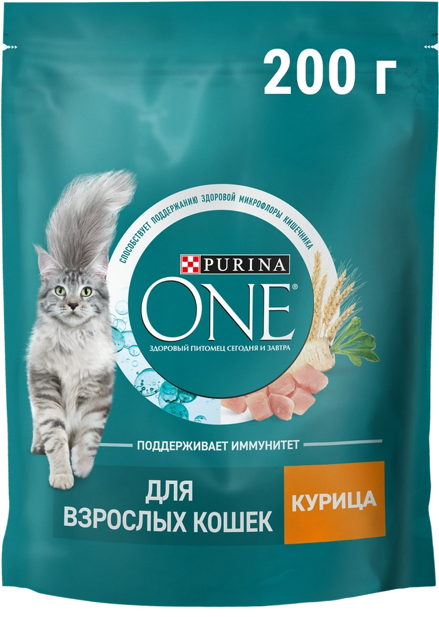 Корм сухой для взрослых кошек PURINA ONE Adult с курицей и цельными злаками, 200г