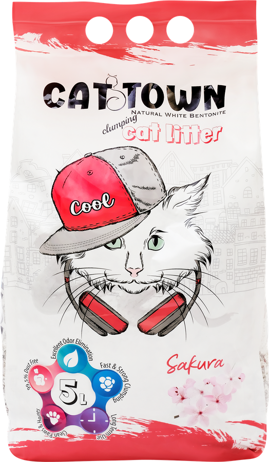 Наполнитель для кошачьего туалета CAT TOWN комкующийся с ароматом сакуры, 5л