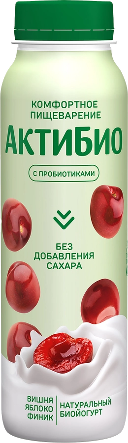 Биойогурт питьевой АКТИБИО Яблоко, вишня, финик без сахара 1,5%, без змж, 260г