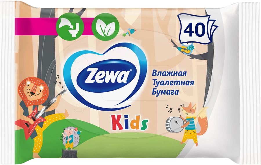 Бумага туалетная влажная детская ZEWA Kids без аромата, 40шт