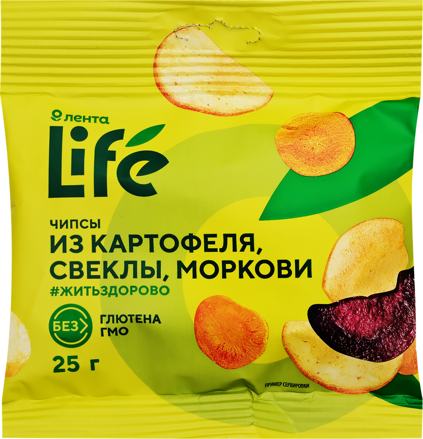 Чипсы овощные хрустящие ЛЕНТА LIFE Картофель, свекла и морковь, 25г