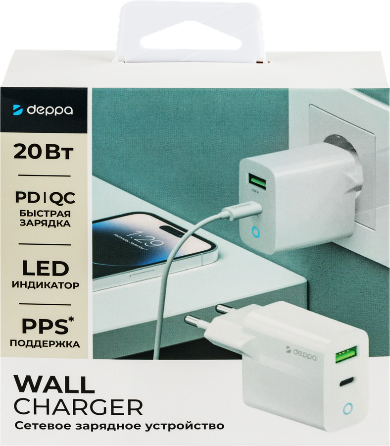 Устройство зарядное сетевое DEPPA USB-C+USB A, PD 3.0, QC 3.0, 20W, белый, Арт. 11398