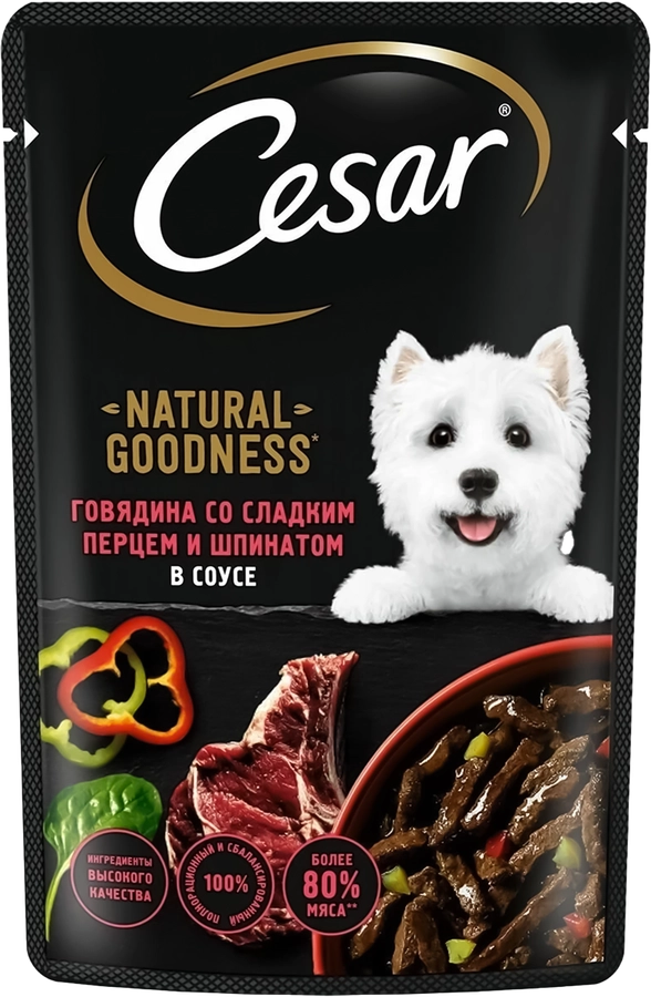 Корм влажный для взрослых собак CESAR Natural Goodness Говядина со сладким перцем и шпинатом в соусе, 80г