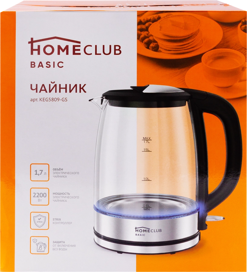 Чайник HOMECLUB стекло, 1.7л, Арт. KEG5809-GS