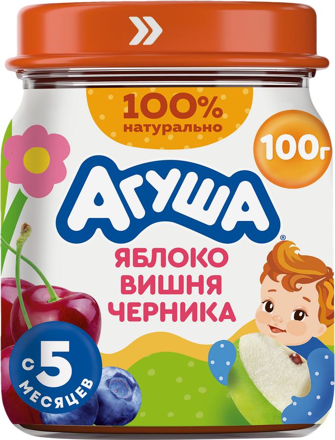 Пюре фруктово-ягодное детское АГУША Яблоко, вишня и черника, с 5 месяцев, 100г