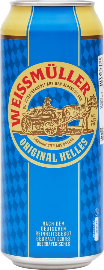 Пиво светлое WEISSMULLER Original Helles фильтрованное непастеризованный 5,3%, 0.5л