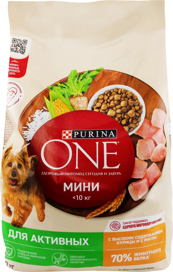 Корм сухой для собак PURINA ONE Мини Активная с курицей и рисом, для малых пород, 7кг