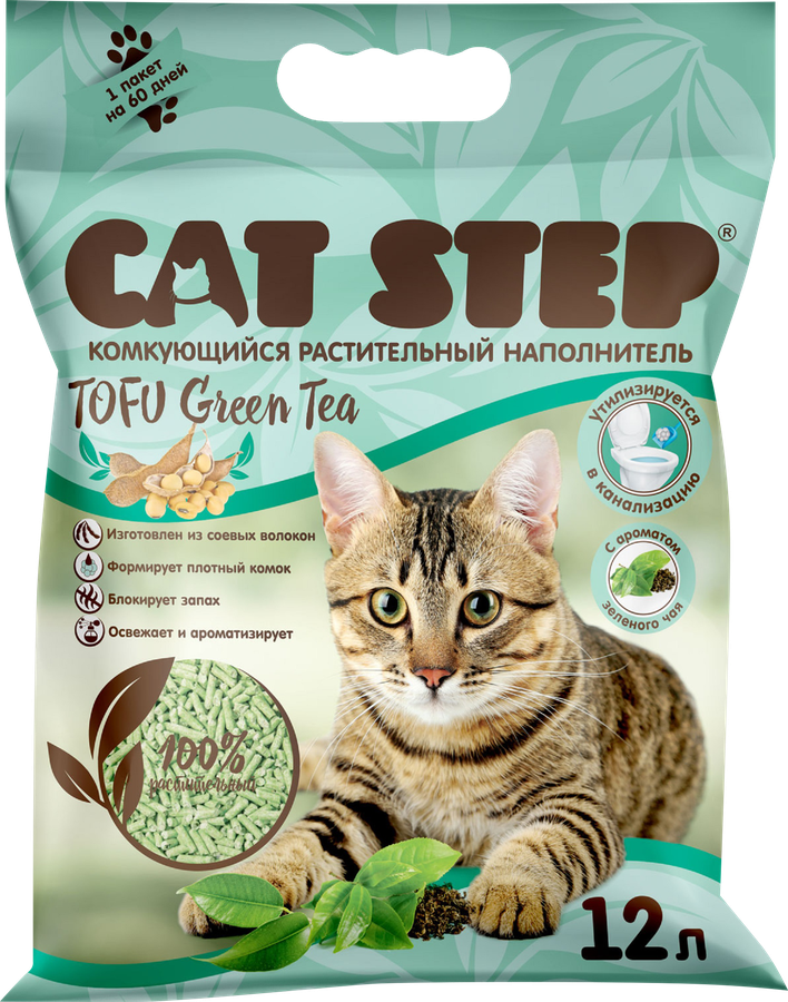 Наполнитель растительный для кошачьего туалета CAT STEP Tofu Green Tea комкующийся, 12л