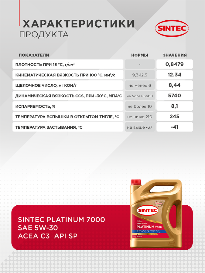 Масло моторное SINTEC Platinum 7000 5W-30 C3 SP, Арт. 600149, 4л, предпросмотр