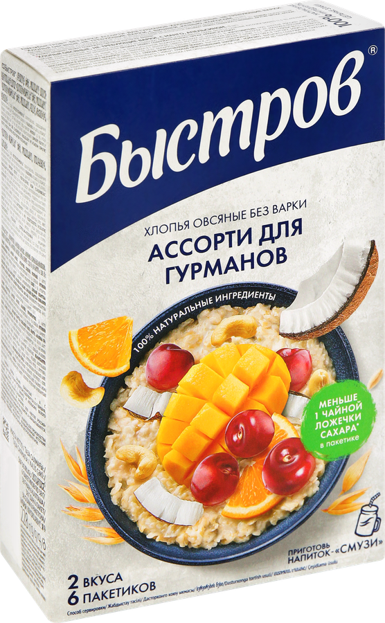 Каша овсяная БЫСТРОВ Ассорти для гурманов, Вишня, кешью, кокос и Манго, апельсин, 6х38г, превью
