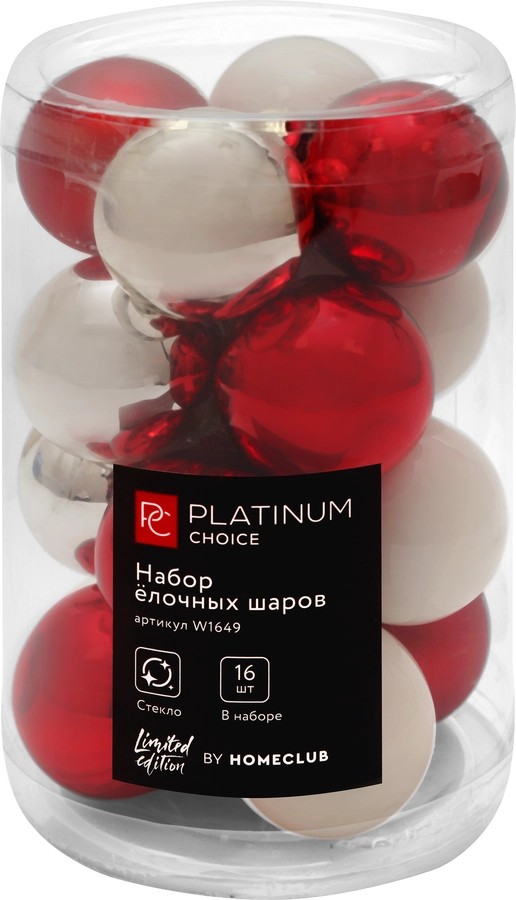 Набор елочных шаров PLATINUM CHOICE 3,5см, стекло, красный/белый/серебро, Арт. W1649, 16шт