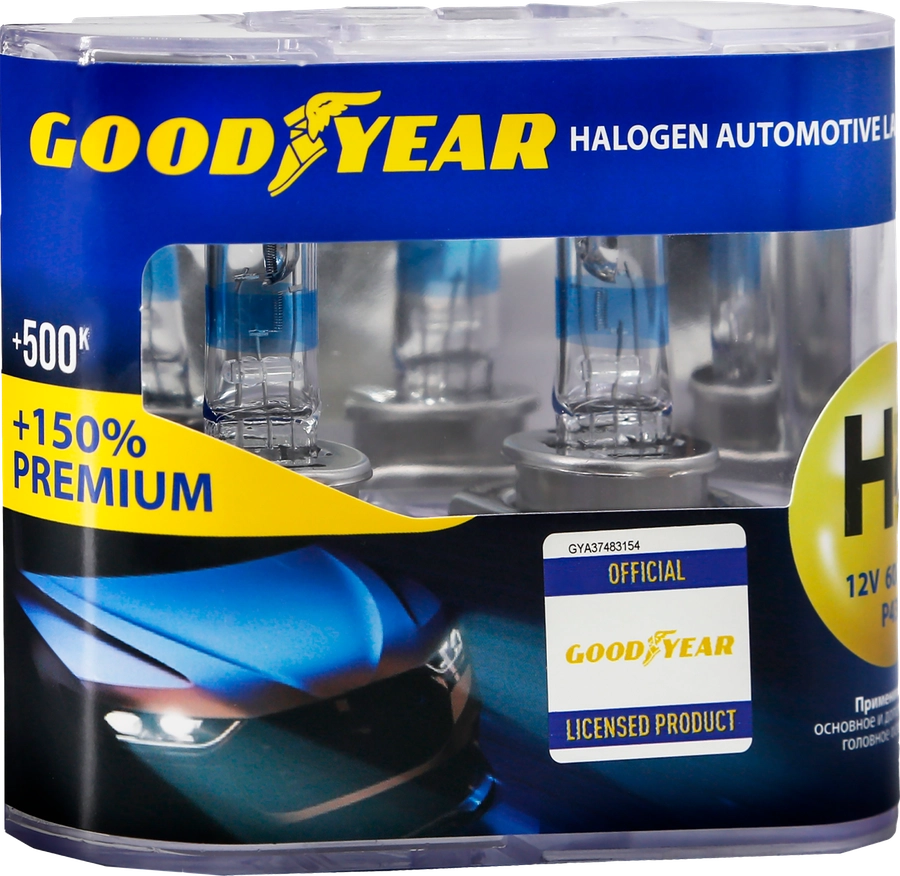 Лампа галогенная автомобильная GOODYEAR Premium +150% Н4 12V 60/55W P43t, 2шт