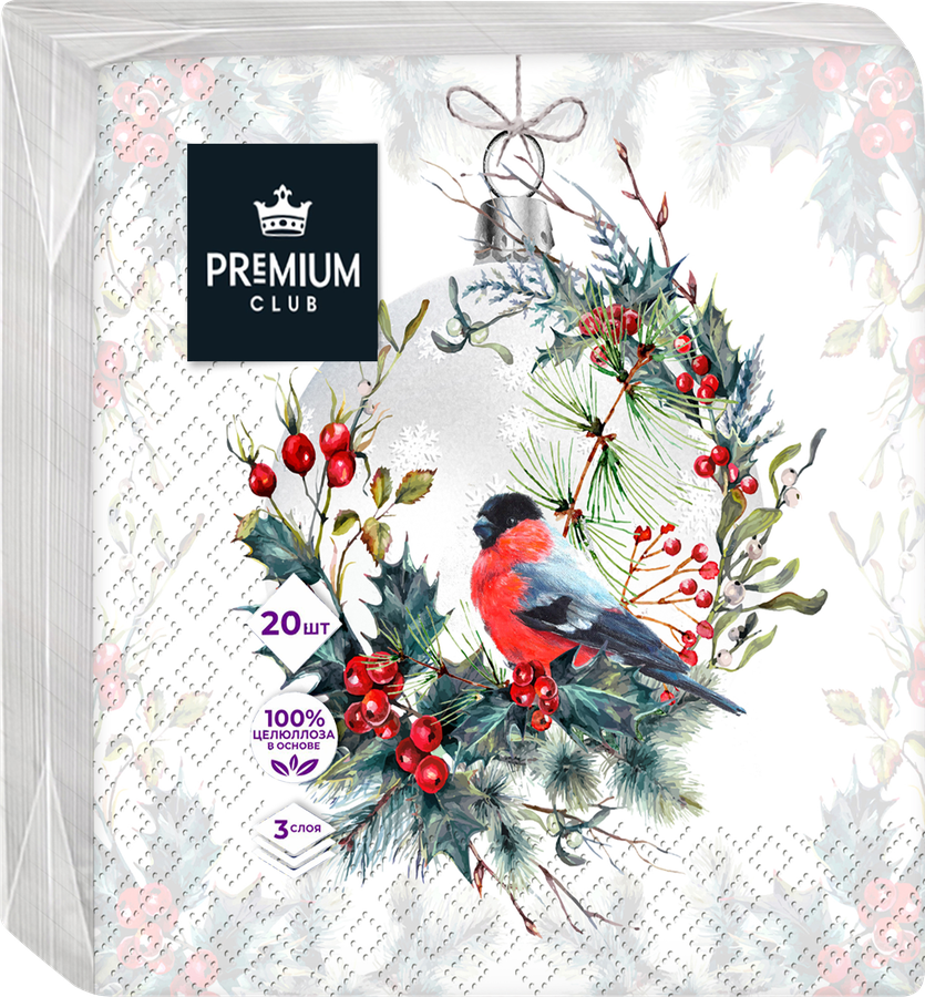 Салфетки бумажные PREMIUM CLUB Зимние птицы 3-слоя, 33х33см, 20шт, предпросмотр