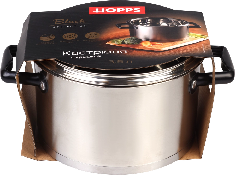 Кастрюля HOPPS Black, с крышкой нержавеющая сталь, 3.5л, Арт. GW-F2