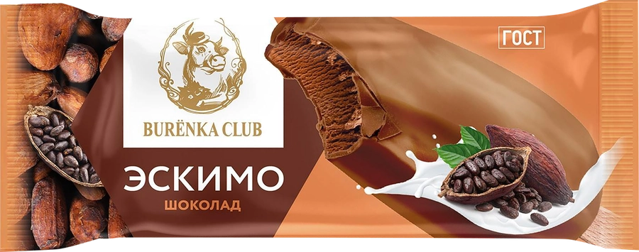 Мороженое BURENKA CLUB Пломбир шоколадный в шоколадной глазури 15%, без змж, эскимо, 70г