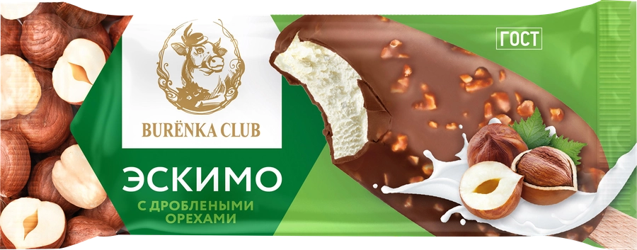 Мороженое BURENKA CLUB Пломбир в шоколадной глазури с дроблеными орехами 15%, без змж, эскимо, 70г