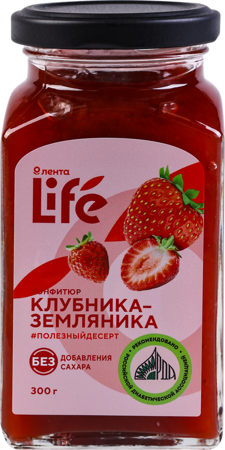 Конфитюр ЛЕНТА LIFE Клубника-земляника, без сахара, 300г