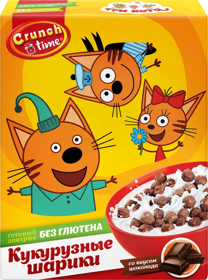 Готовый завтрак CRUNCH TIME Три кота, шарики с шоколадным вкусом, 170г