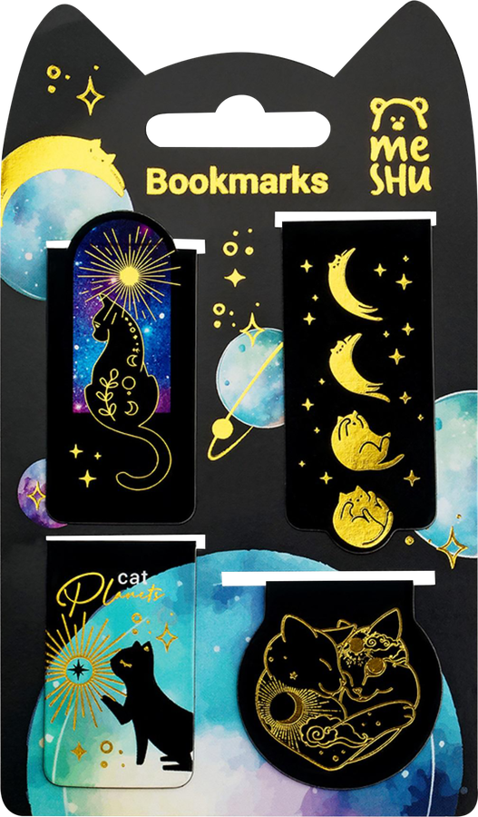 Закладки магнитные для книг MESHU Moon cat, софт-тач, фольга, 4шт