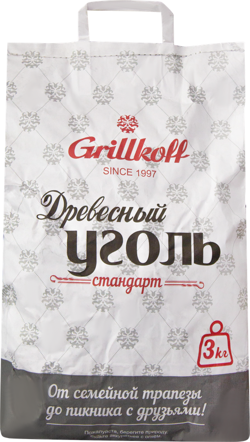 Уголь древесный для гриля GRILLKOFF Стандарт, пакет с ручкой, Арт. 377, 3кг