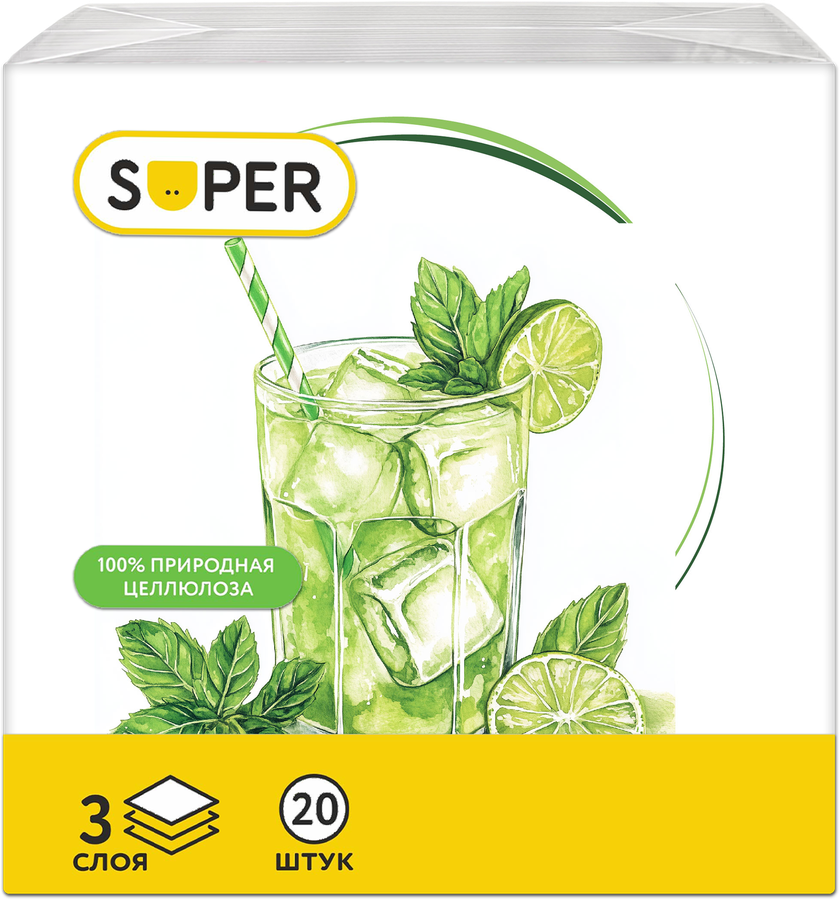 СалфеткибумажныеSUPERКоктейли3-слоя,33х33см,20шт